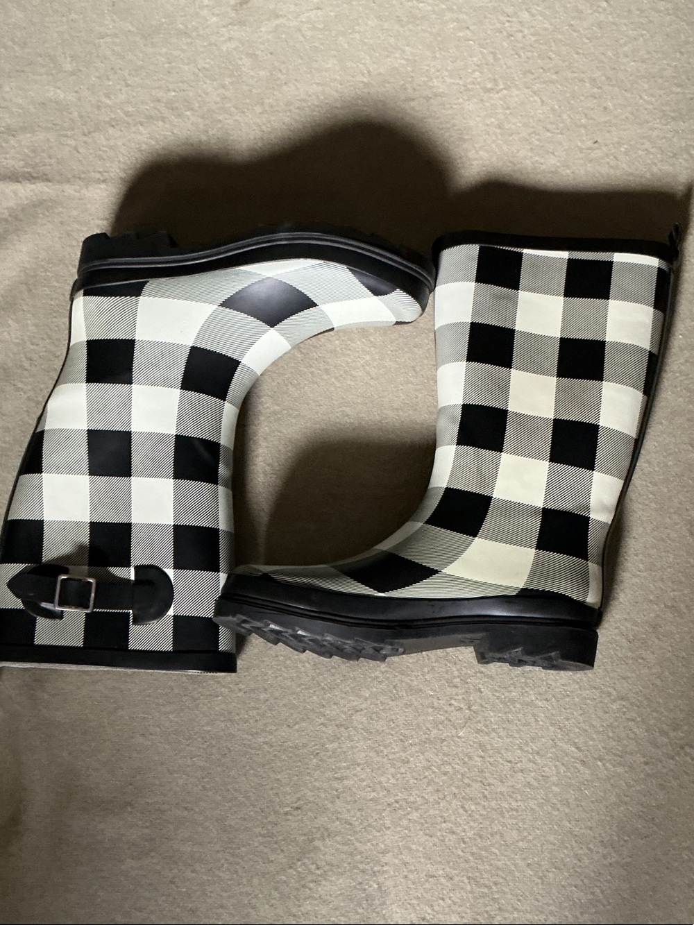 Nomad Black & White Check Mid-Calf Rain Boots with Side Buckle